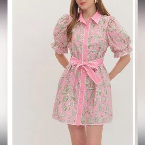 entro Pink Printed Puff-Sleeve Mini Dress with Waist Tie(026)